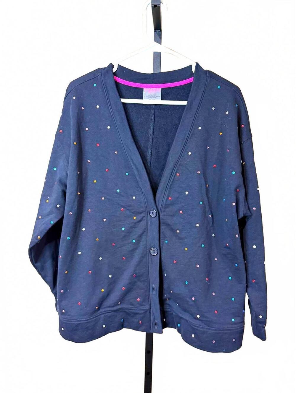 Terez Black Button-Up Cardigan with Multicolor Polka Dots Rhinestone Medium